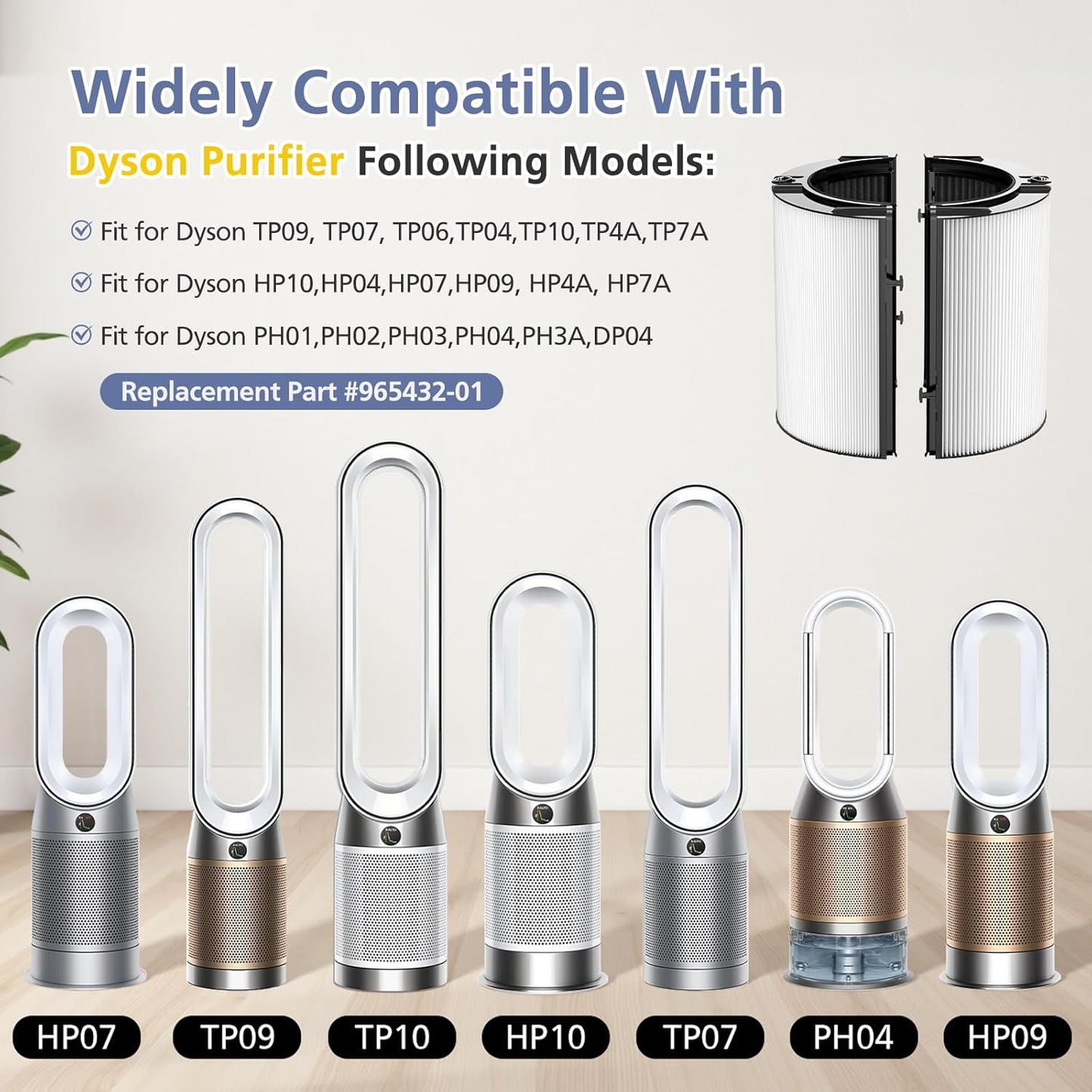 360° Combi Glass H13 Hepa + Activated Carbon Filter Compatible with Dyson TP07 TP10 TP06 HP06 TP04 HP04 PH02 PH01 PH03 PH04 HP09 TP09 HP07 HP10 Air Purifier, 2-in-1 Replacement Filters, 2 Pack