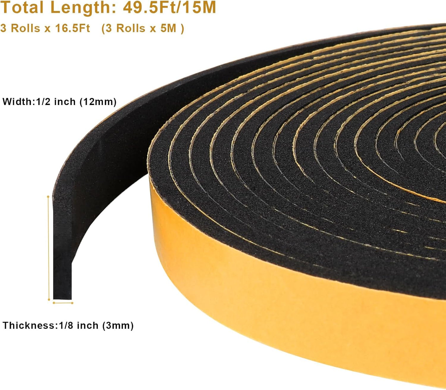 Weather Stripping Soundproof 1/2 in x 1/8 in, Door Seal Strip High Density, Weatherproof Insulation Foam Tapes for Windows, 3 Rolls Total 49.5Ft