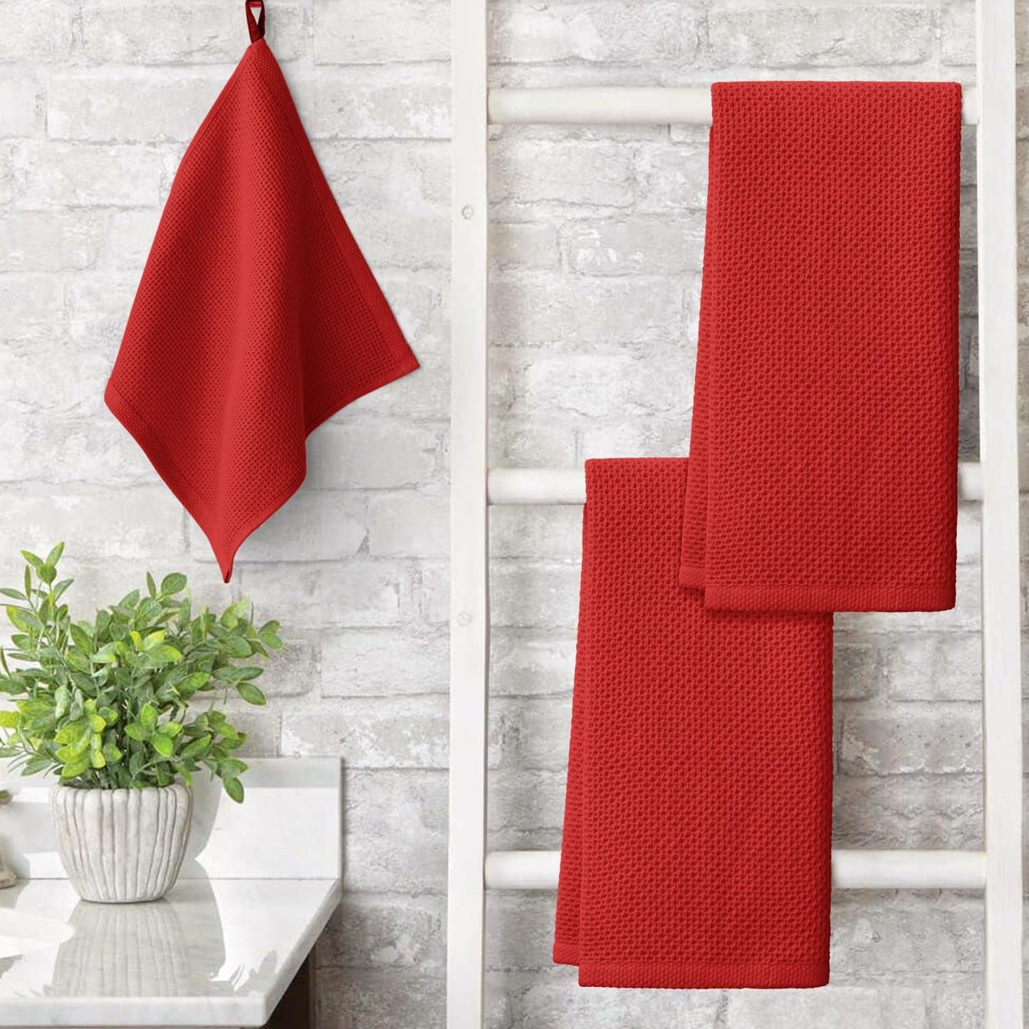 Artoid Mode 100% Cotton Dark Red Waffle Weave Kitchen Dish Cloths, 13x28 Inch Ultra Soft Absorbent Quick Drying Kitchen Dish Towels Set of 4