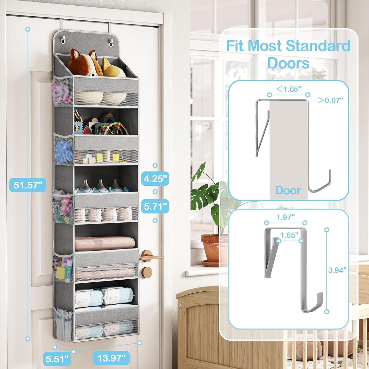 LAMU 5 Tier Over the Door Organizer Hanging, 5 Large Pockets and 10 Side Pockets Behind Door Storage for Baby Toys, 44lbs Back of Door Organizers Shelf for Closet, Nursery and Bathroom, 1 Pack (Grey)
