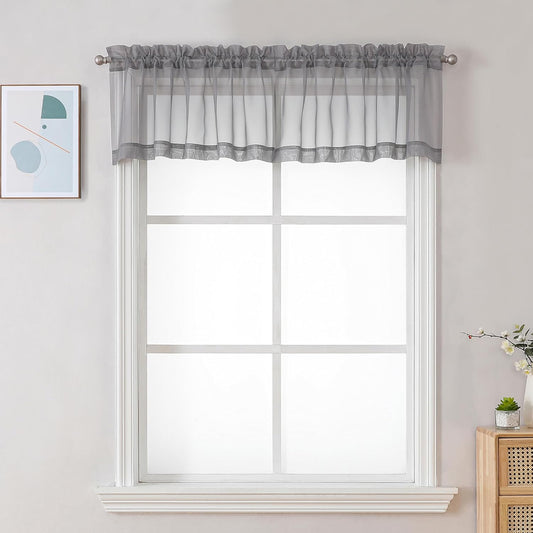 Chyhomenyc Sheer Valances for Windows 42W x 14L inches 2 Pack, Small Window Curtains for Living Room Bathroom Cafe Laundry Basement, Modern Top Dual Rod Pocket Voile Curtain, Charcoal Grey