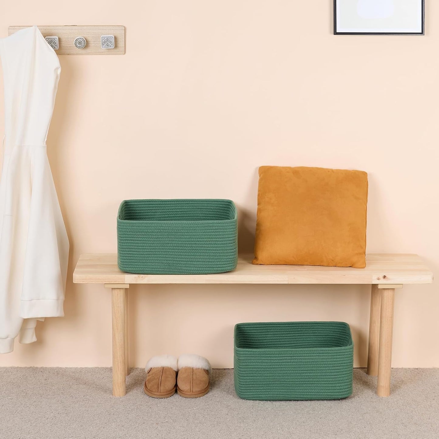 Large Storage Baskets for Shelves, Closet Organizers Bins for Clothes Blanket Towels, Baby Nursery, Toy Baskets Box, Woven Rope Baskets, 17 x 13 x 7.5”, 3 Packs Green