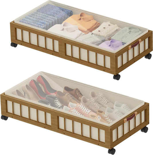 efluky 2-Pack Bamboo Under Bed Storage with Wheels, Rolling UnderBed Storage Basket with Large Dust Bag, Under Bed Storage Containers for Bedroom, Dorm and Basement, Brown