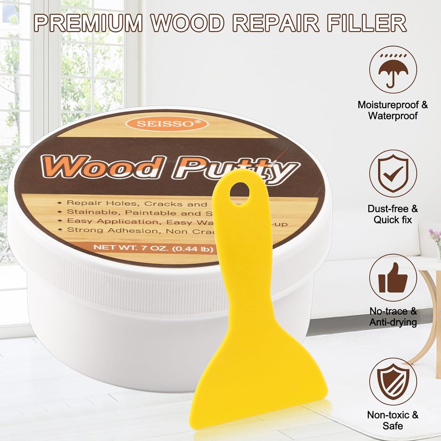 SEISSO Wood Putty, Water-Based Woods Filler, White Wooden Putty for Trim, Woods Filler Paintable, Stainable, Wooden Furniture Repair kit - Restore Wooden Table, Cabinet, Floors, Door