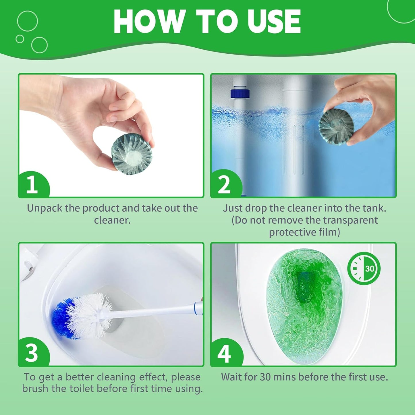 Toilet Bowl Cleaner Tablets, Automatic Toilet Bowl Cleaners, Long-Lasting Toilet Tabs Drop in Tank for Deodorizing & Descaling, Green, 6 Packs