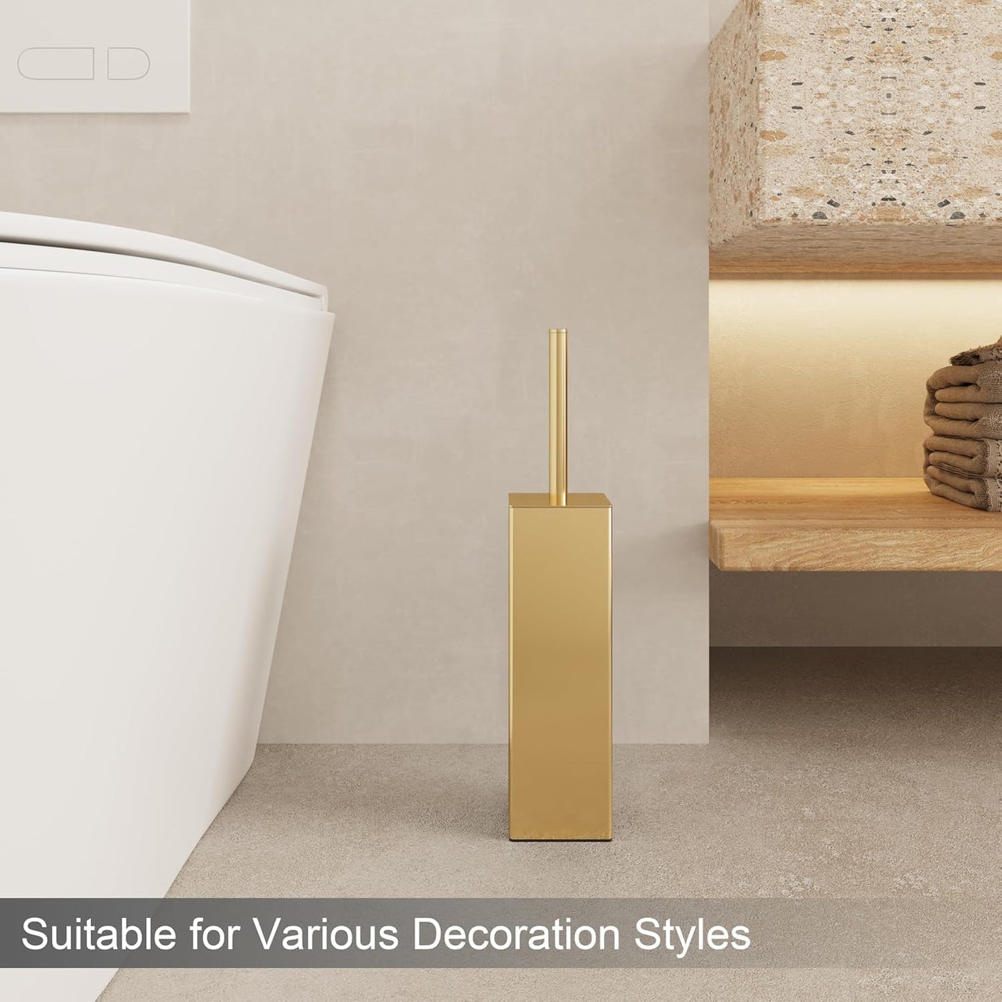 Gold Square Stainless Steel Toilet Brush with Holder, 304 Modern Toilet Brush Set – Rust Resistant, Long Handle, Replacement Heads, Floor Standing Bathroom Toilet Cleaning Brush