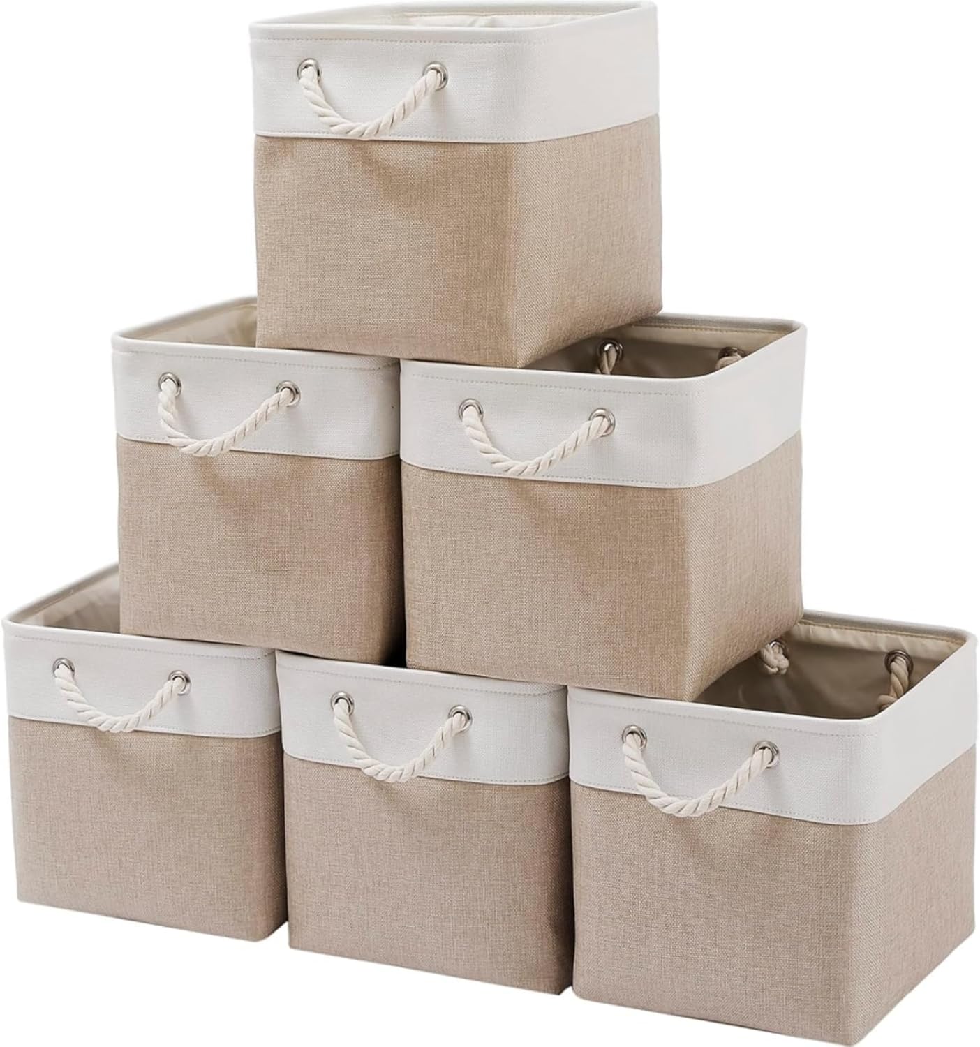 Mangata Canvas Storage Boxes, 13 Inch Cube Storage Bins Set of 6, Fabric Baskets with Cotton Rope Handle for Organizing Clothes Nursery Home (Khaki/White)