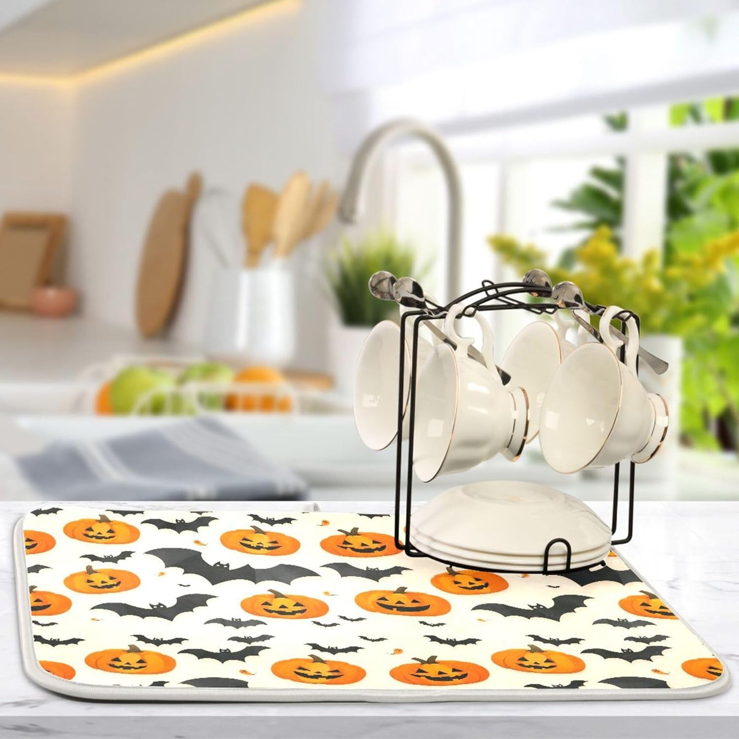 Halloween Black Bat Dish Drying Mat for Kitchen Countertop 18x24 Spooky Evil Pumpkin Lantern Large Drying Mat Reusable Quick Dry Dish Sink Mats Easy Clean Decorative Essentials