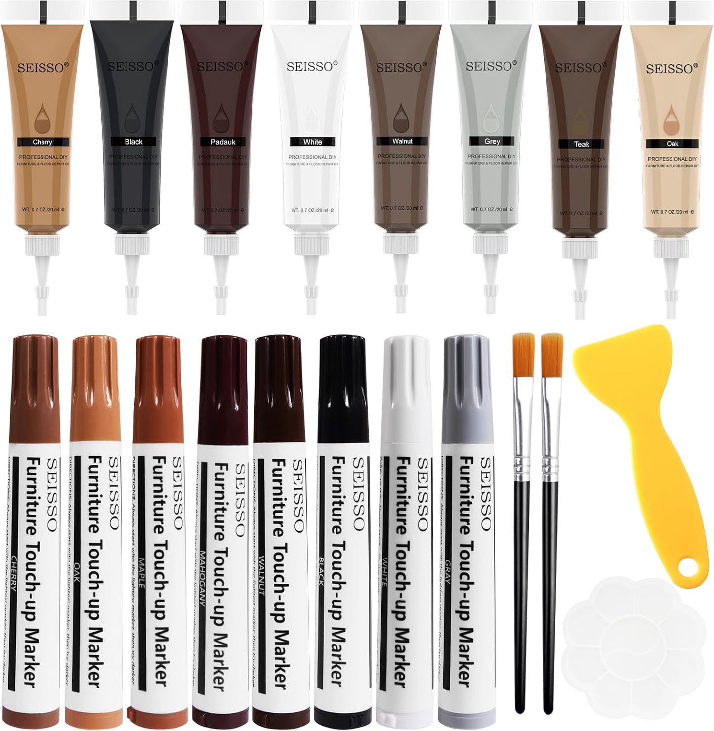 Wood Furniture Repair Kit- 8 Colors Wood Fillers and Touch Up Markers, New Upgrade Wood Repair Kit, Wood Markers for Scratches Stains- Restore Wooden Table, Cabinet, Floors, Door, 20 Sets