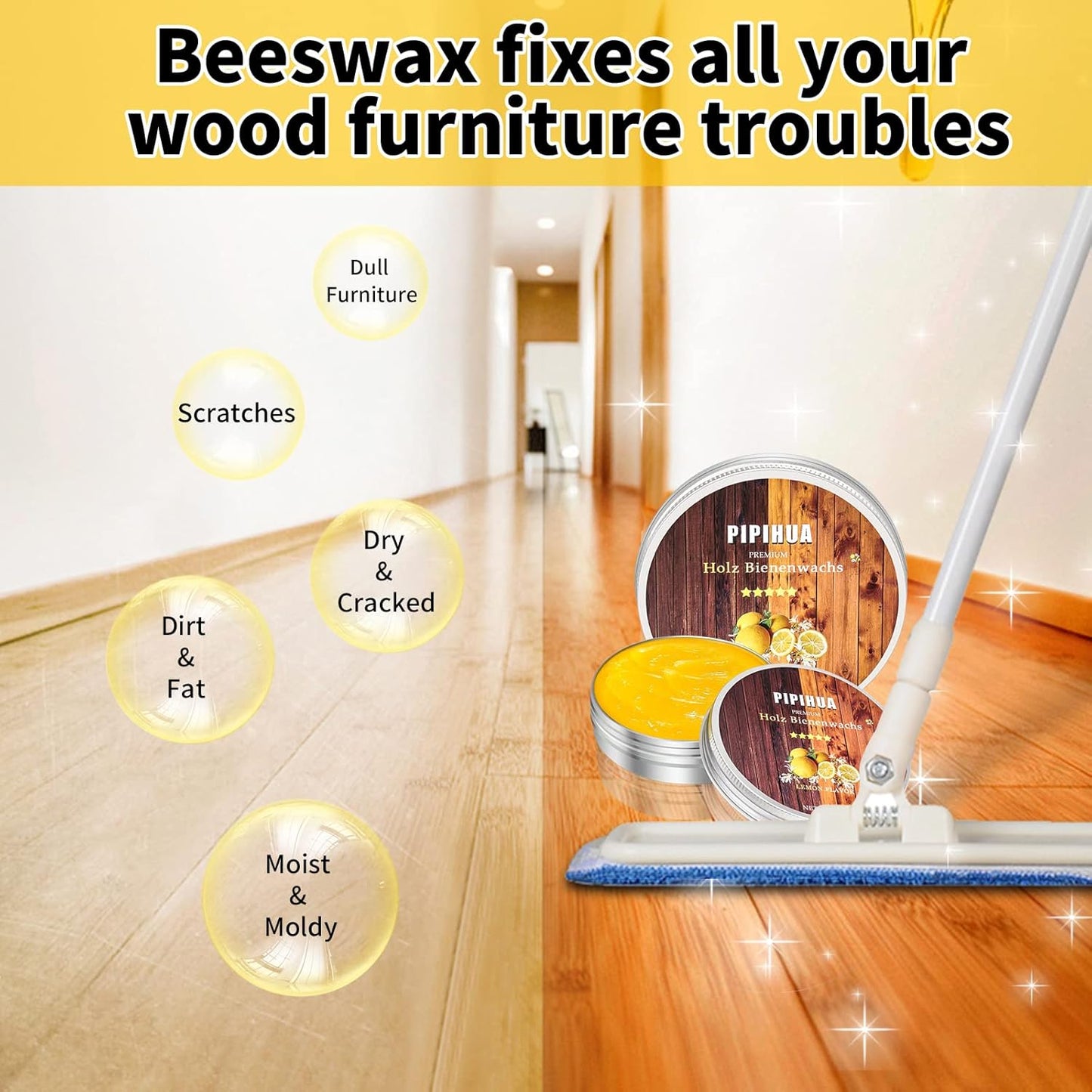 PIPIHUA Beeswax Polish and Conditioner for Wood Furniture - Waterproof & Restorer Wood Wax, Multipurpose Beeswax Furniture Polish and Cleaner for All Types and Colours, Lemon(2×100g with 3 Sponges)