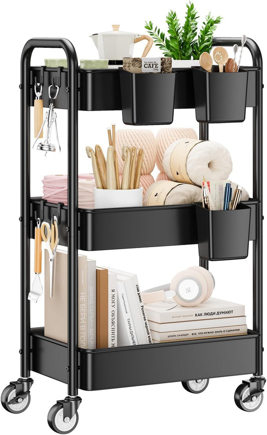 YASONIC 3 Tier Rolling Cart - Metal Utility Cart with Wheels, Hanging Cups, Hooks, Heavy Duty Mesh Rolling Storage Cart Organizer, Craft Cart for Kitchen Office, Lightweight and Sturdy