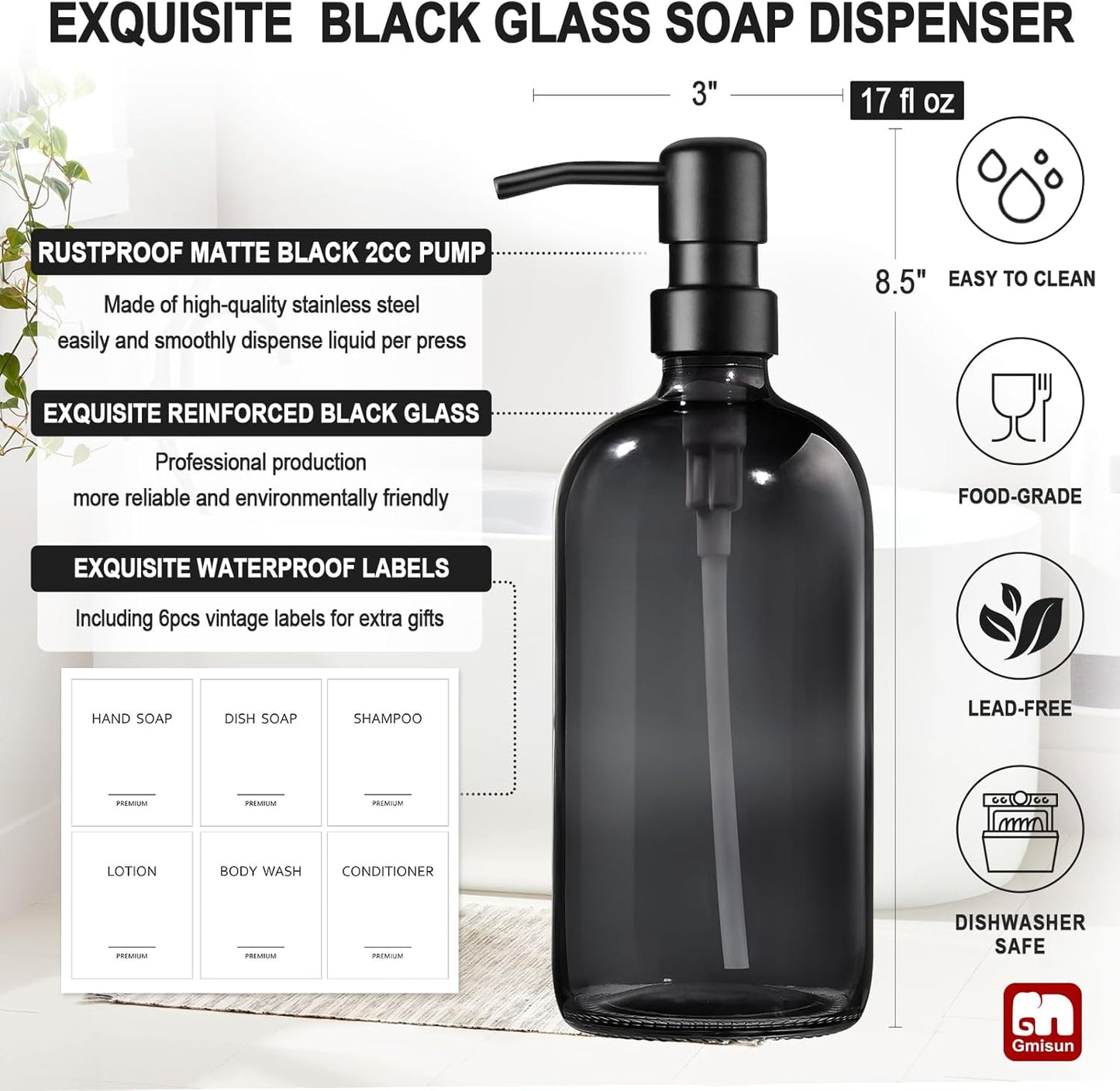 GMISUN Black Soap Dispenser, 2 Pack Hand Soap Dispensers for Bathroom, 17 Fl Oz Dish Soap Dispenser for Kitchen with Stainless Steel Pump, Modern Liquid Soap Bottle Set