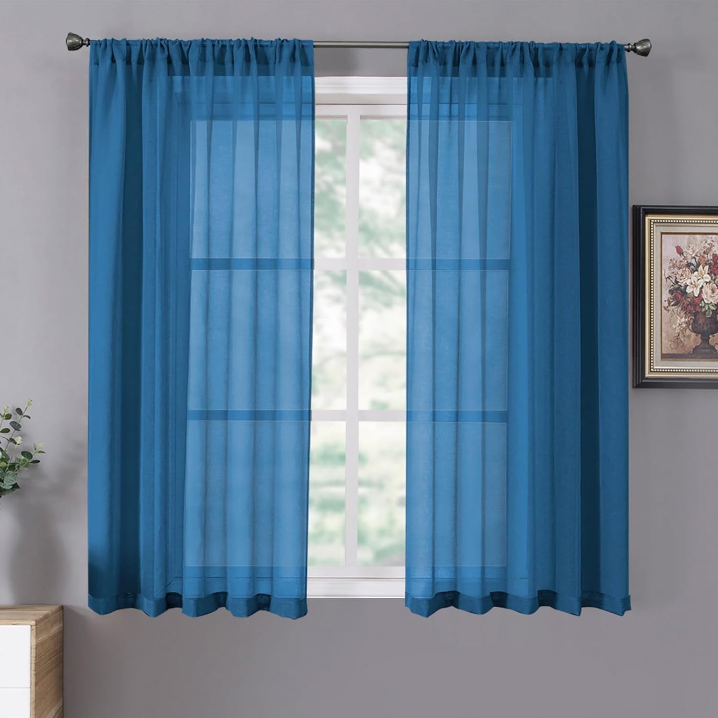 Tollpiz Short Sheer Curtain Linen Textured Bedroom Curtains Sheer Light Filtering Rod Pocket Voile Curtain for Living Room, 54 x 54 inches Long, Classic Blue, Set of 2 Panels