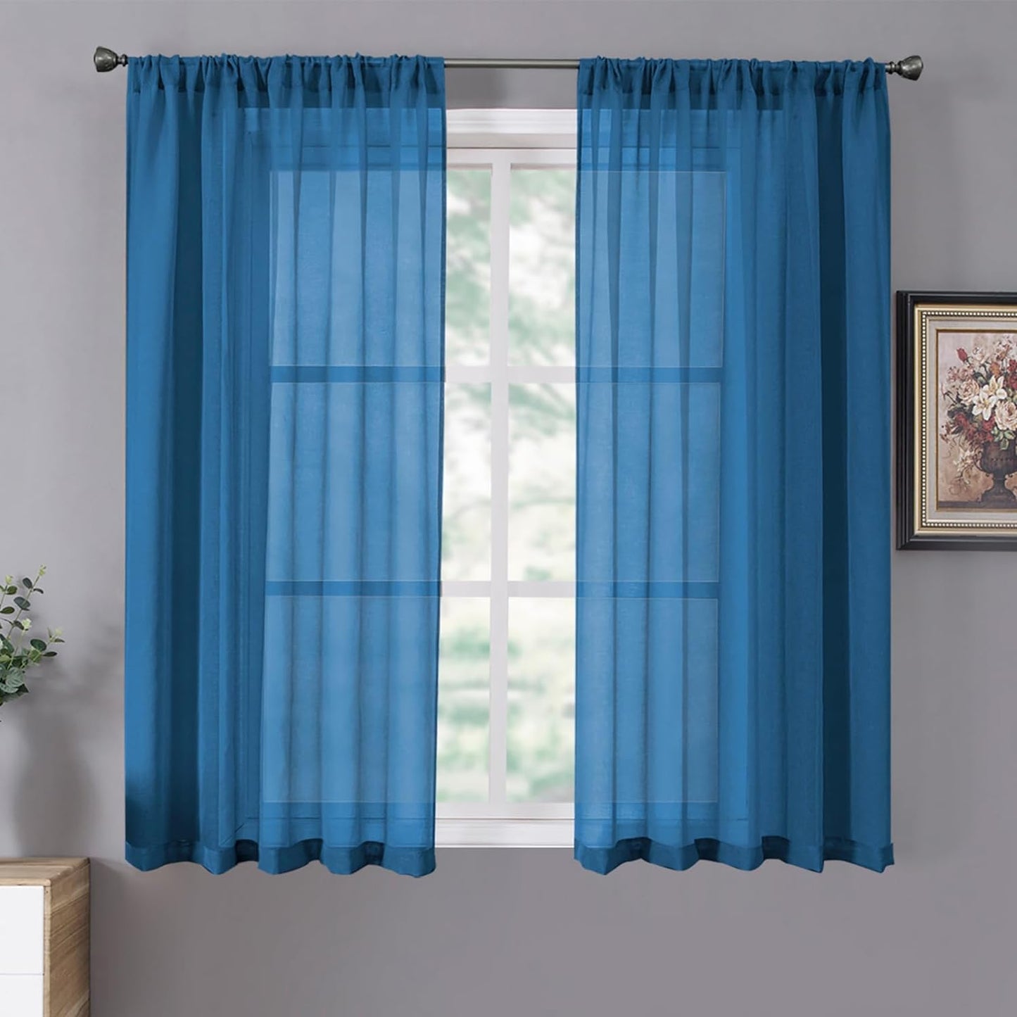 Tollpiz Short Sheer Curtains Linen Textured Living Room Curtain Sheers Light Filtering Rod Pocket Voile Curtains for Bedroom, 42 x 45 inches Long, Classic Blue, Set of 2 Panels