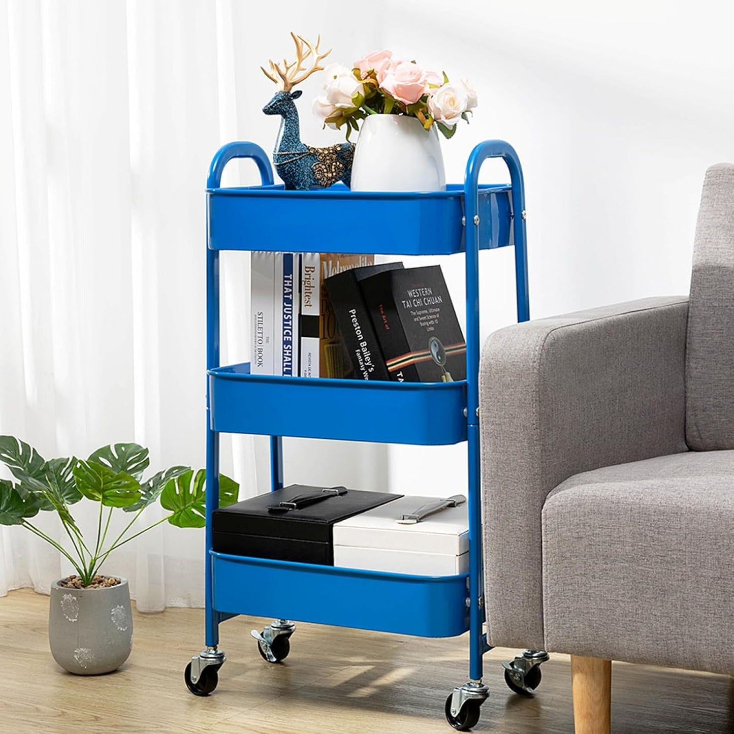 AGTEK Makeup Cart, Movable Rolling Organizer Cart,3 Tier Metal Utility Cart, Aristocratic Blue