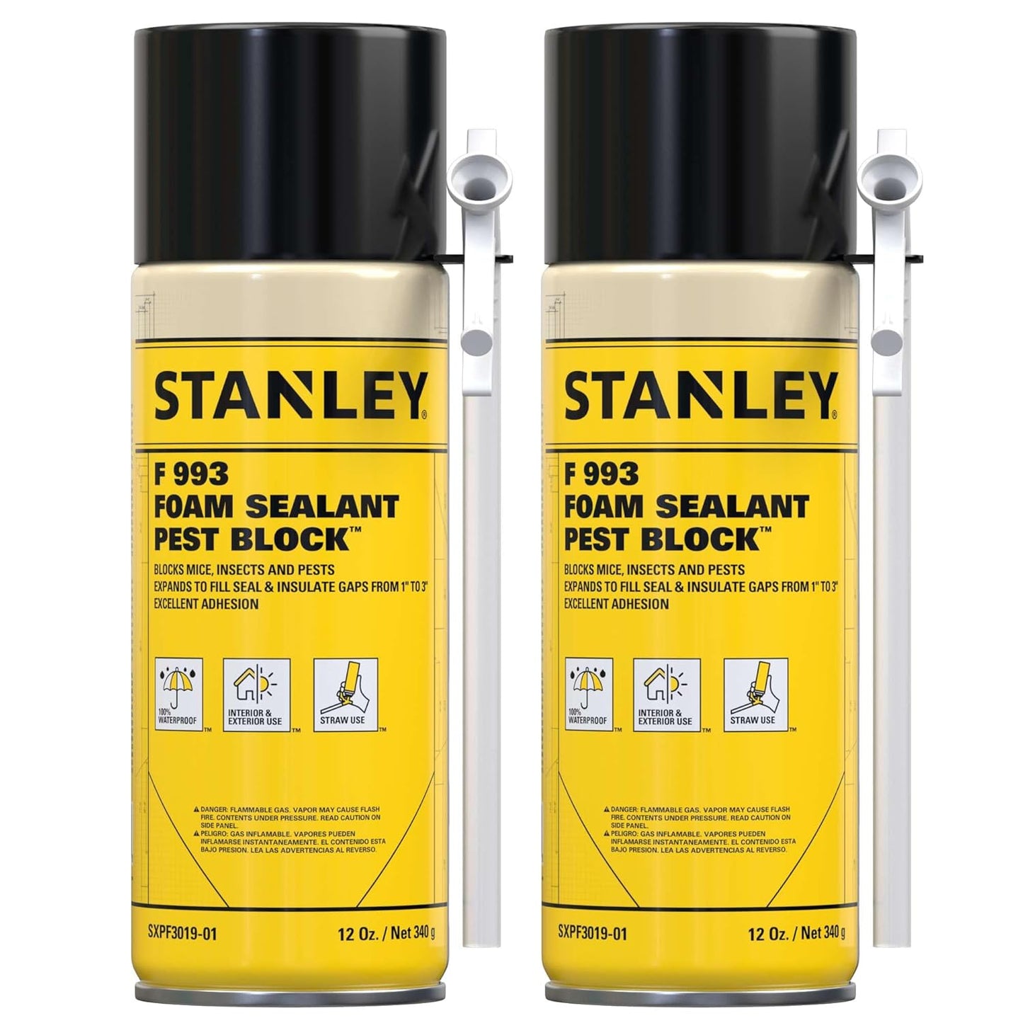 Stanley F993 Expanding Foam Sealant Spray – (2x12oz) Gaps & Cracks Filler, PestBlocker for Indoor/Outdoor Use – Paintable, Waterproof, Polyurethane Insulation Foam with Straw Applicator | 2 Pack