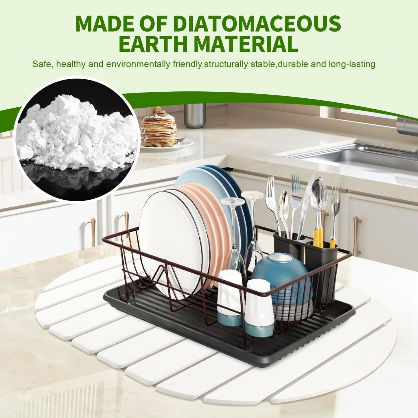 Stone Drying Mat for Kitchen Counter Oval, 23.62"x15.35", Collapsible Quick Dry Dish Drying Mat, Absorbent Diatomaceous Earth Pads Match Any Countertop for Dishes Kitchen and Bathroom