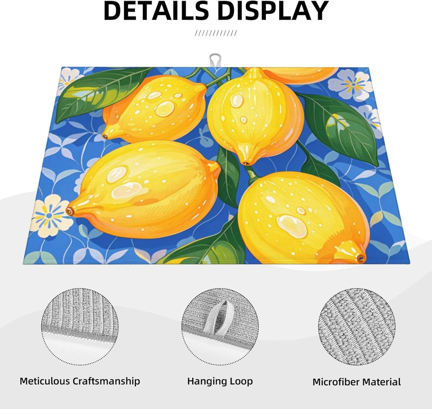 lemon Dish Drying Mat Highly Absorbent Double-Sided Microfiber with Hanging Loop Reversible Drain Dish Rack Mat Drain Mat Suitable for Kitchen Countertop Coffee Bar 18 x 24 Inch