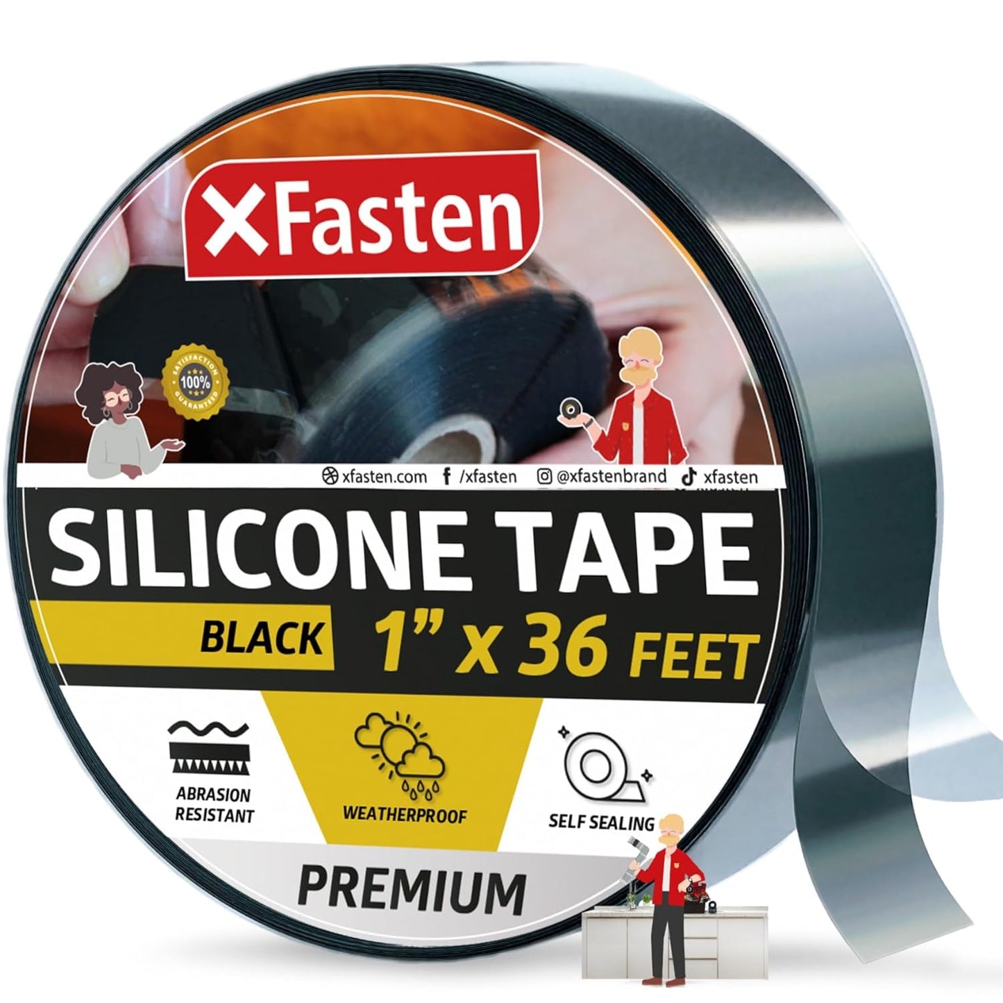 XFasten Self Fusing Silicone Tape Waterproof – 1" x 36 Feet Black, Self Amalgamating Tape, Silicone Rubber for Plumbing, Sealing Pipes, Hose Repair, Outdoor Coax and Electrical Cables – Weatherproof