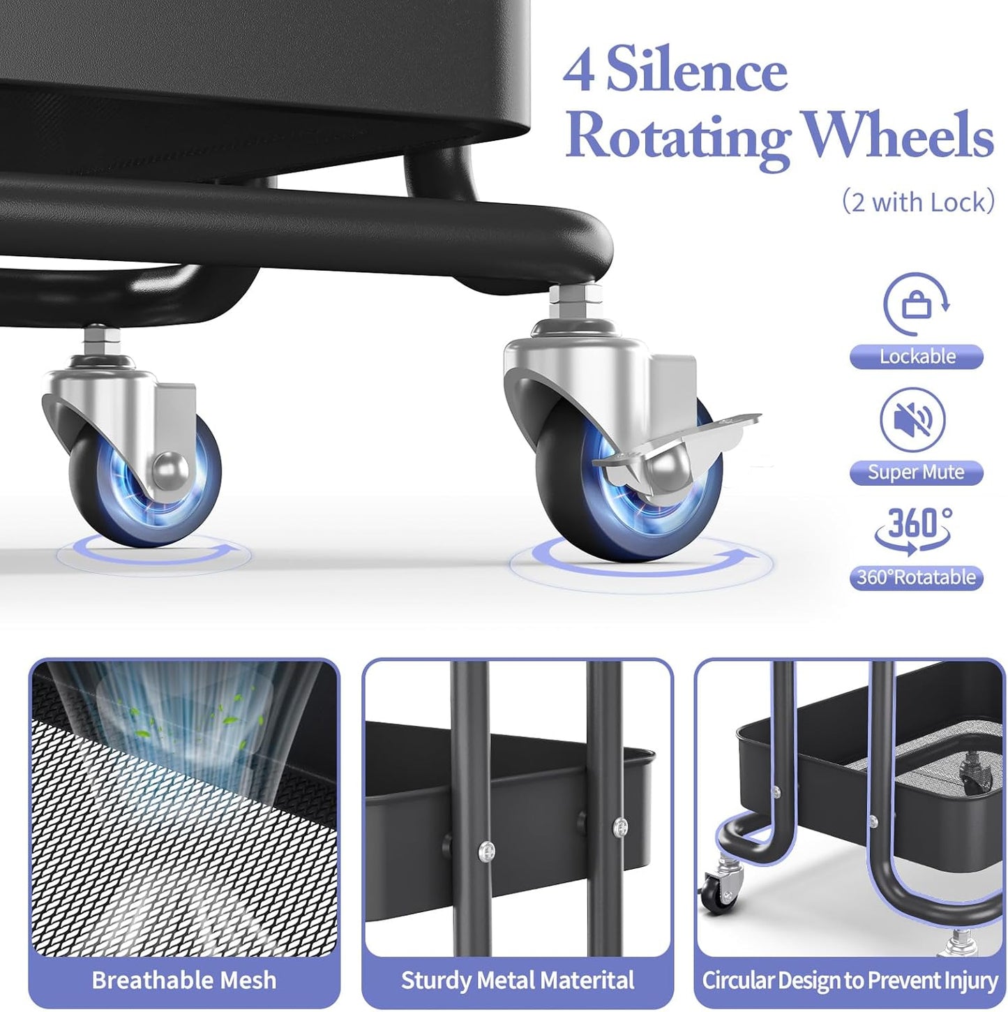 KINGRACK 3 Tier Rolling Cart, Metal Mobile Storage Shelf with Lockable Wheels, Utility Trolley Cart with Wheels, Storage Organizer for Kitchen, Office, Bathroom, Dorm, Black