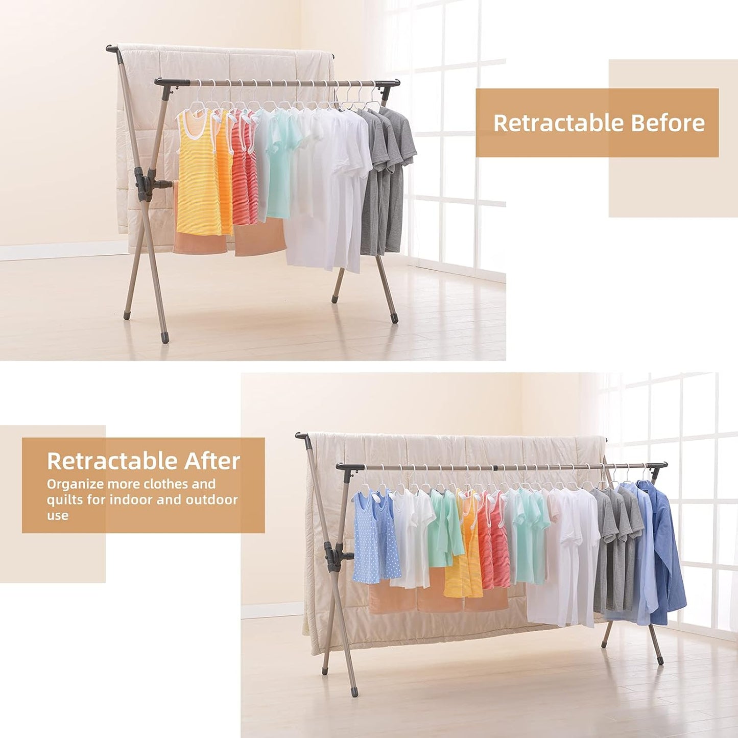 Clothes Drying Rack, Adjustable and Foldable Laundry Rack, Space Saving Hanger Rack, Retractable 47-79 Inch Clothes Rack Heavy Duty Garment Rack for Indoor/Outdoor