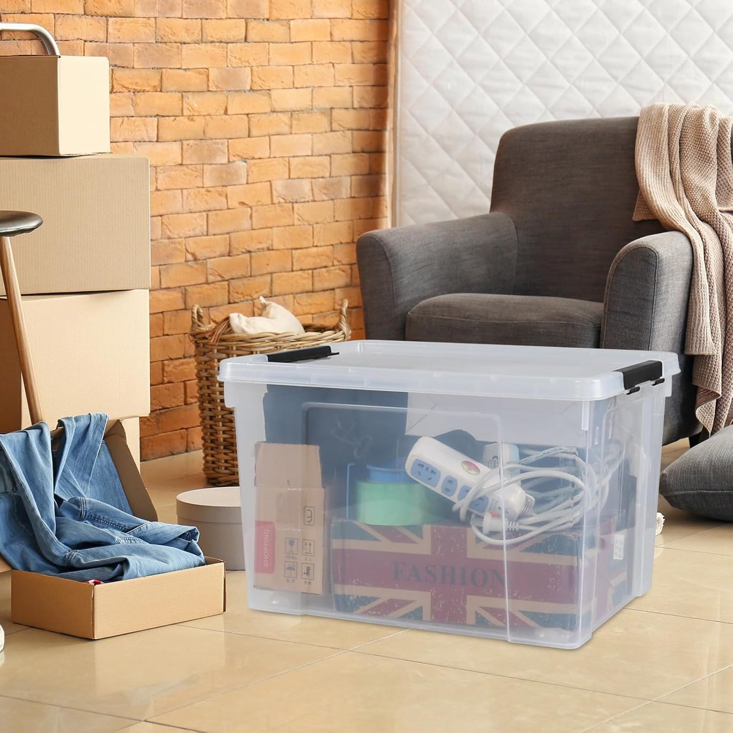 50 L Large Plastic Storage Bins with Latching Lids and Wheels, 4-Pack Clear Stackable Boxes for Closet, Garage