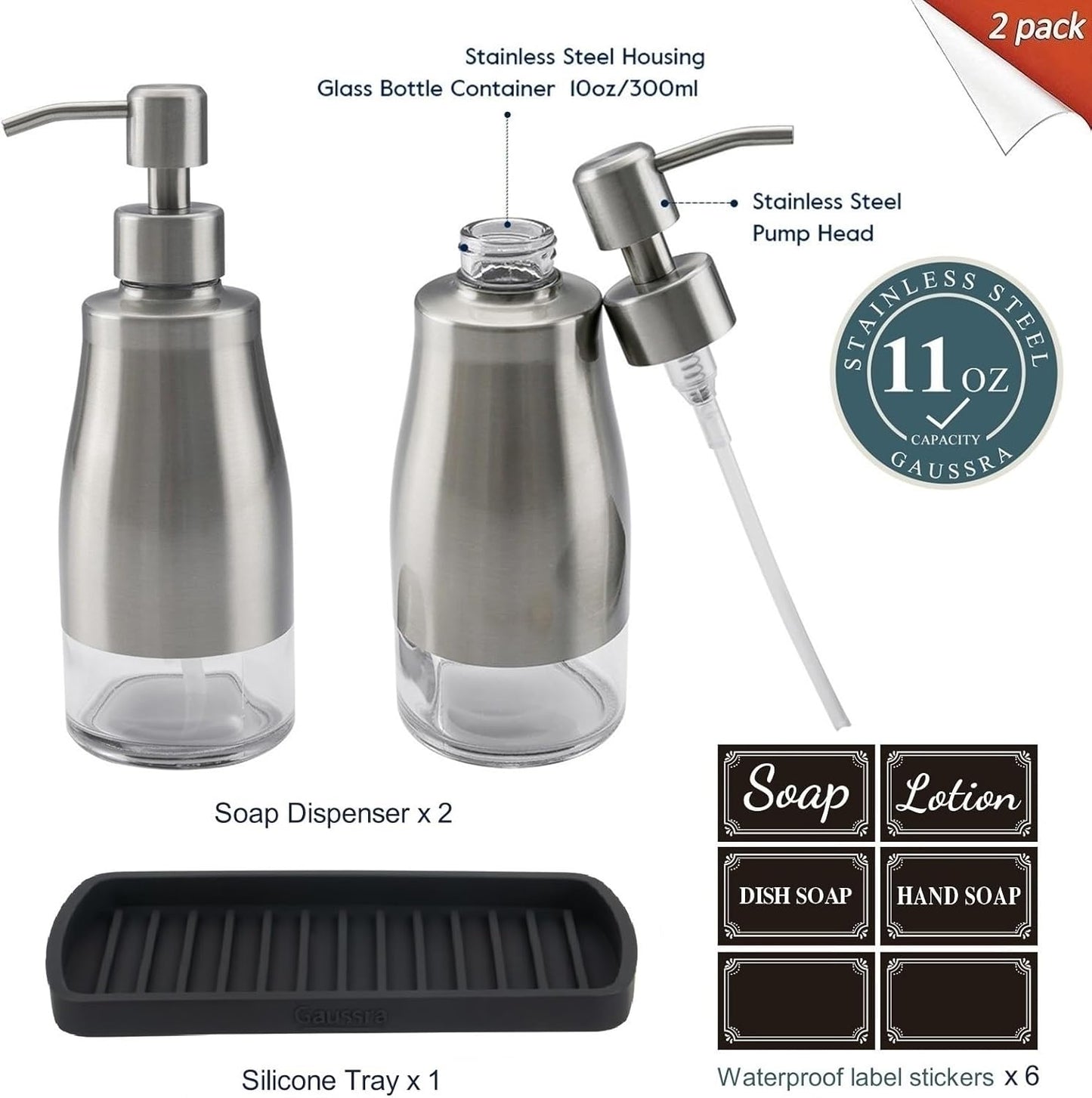 Gaussra Kitchen Soap Dispenser Set with Silicone Tray and Stickers - Brushed Nickel, Stainless Steel Glass Soap Dispenser Bathroom, Refillable Hand Dish Soap Dispenser for Kitchen Sink