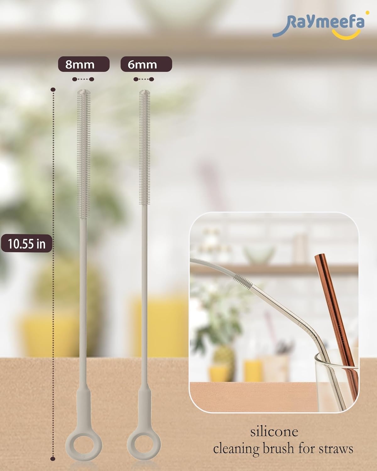 Extra Long Straw Cleaner Brush,Reusable and Soft Silicone Straw Cleaning Brush to Clean Crevice(Khaki)