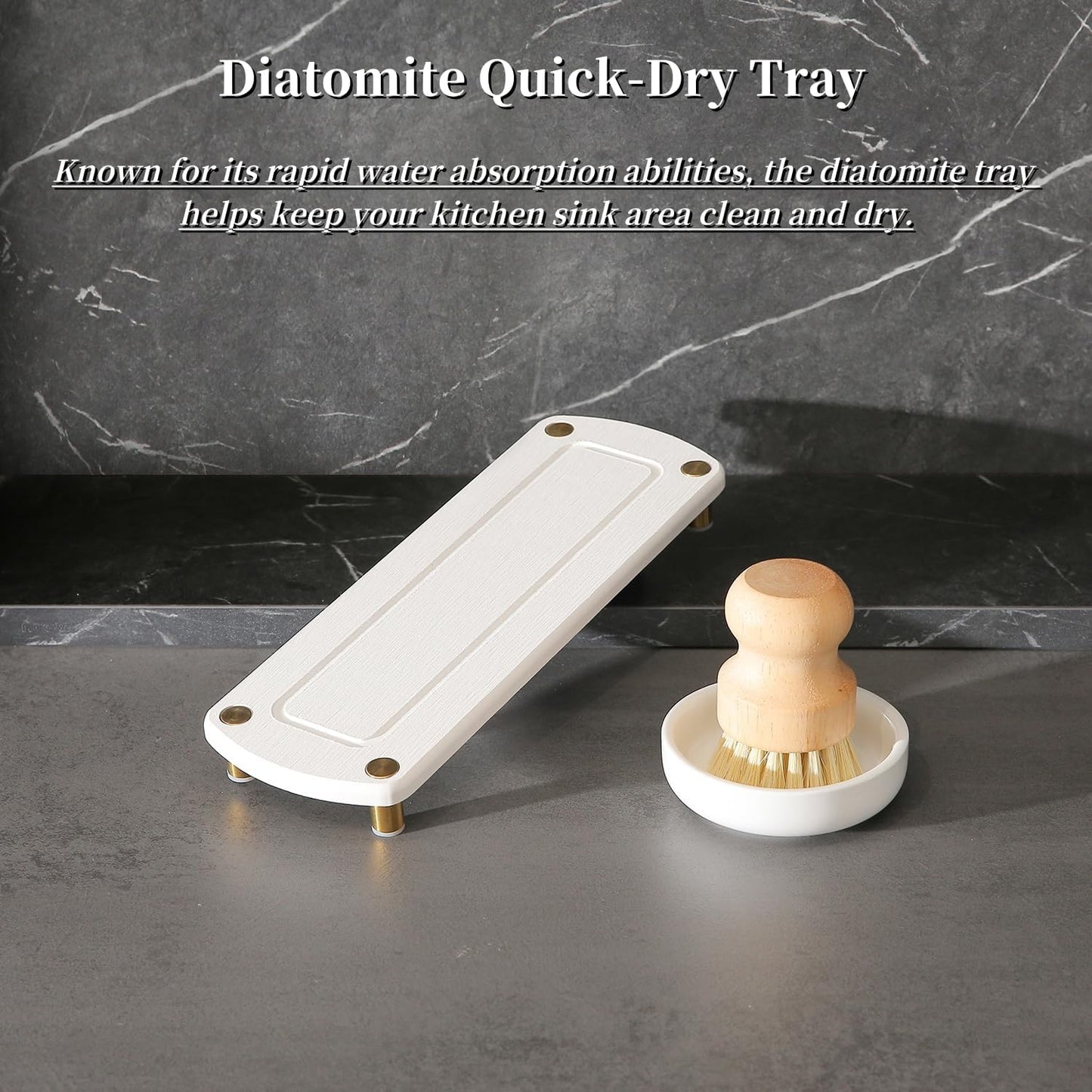 MOMEEMO Gold Soap Dispenser Set Comes with Stainless Steel Pumps, Instant Dry Tray, and Dish Scrub Brush, Suitable for Kitchen Decor and Accessories. (Gold)