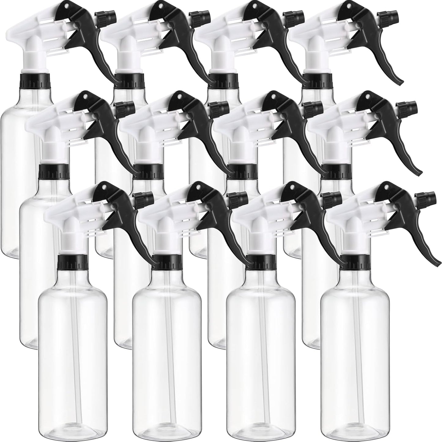 Eccliy 12 Pcs 16 Oz Plastic Spray Bottle, Adjustable Empty Reusable Sprayer for Cleaning, Planting, Water, Bathroom and Kitchen, BBQ, Commercial and Residential(Black,Clear)