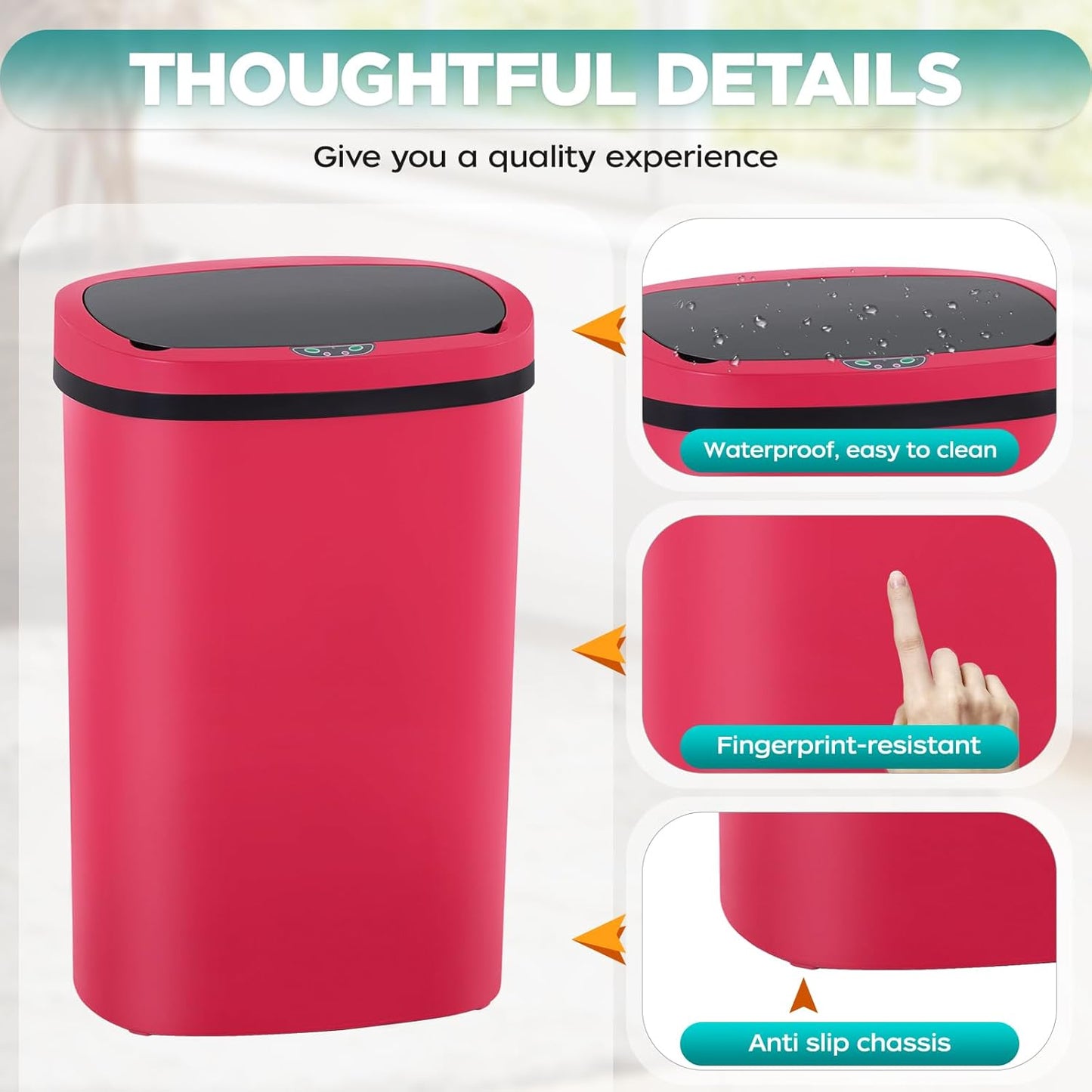 Automatic Motion Sensor Bathroom Trash Can with Lid, 13 Gallon Touchless Trash Bin, Smart Dog Proof Garbage Can, Touch Free Waste Basket for Toilet, Office, Bedroom,Red