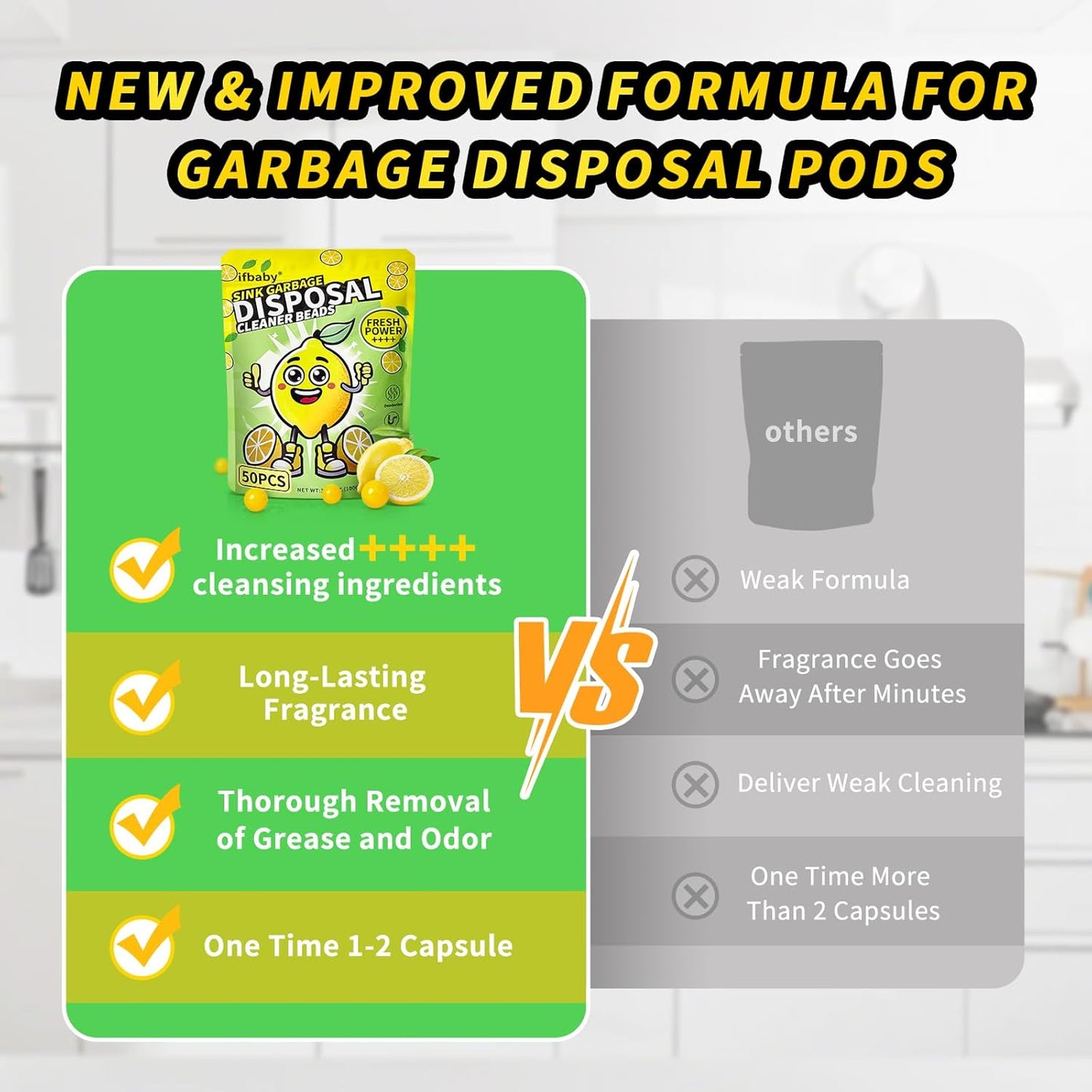 50 Count Garbage Disposal Cleaner and Deodorizer – Sink Odor Eliminator, New Powerful XL Sink Drain Freshener Pods | Dissolves Grease, Eliminates Odors, Lemon Zest Scent
