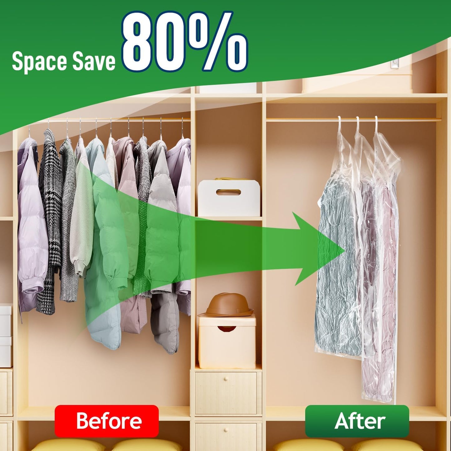 Hanging Vacuum Storage Bags For Clothes With Hand Pump,Coat Storage Bag Hanging,Vacuum Bags For Clothes,Space Saver Vacuum Storage Bags,Garment, Clothing, Dress, Suit, Long Coat, Jacket(Short 6 Pack）