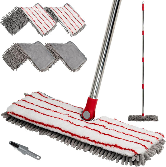 Microfiber Mops for Floor Cleaning, Flat Dust Mop with 4 Washable Pads, Dual-Sided Flip Mop for Wet & Dry Use, Extendable 62’’ Handle with Scraper, Floor Mops for Hardwood,Laminate,Vinyl,Kitchen,Tile