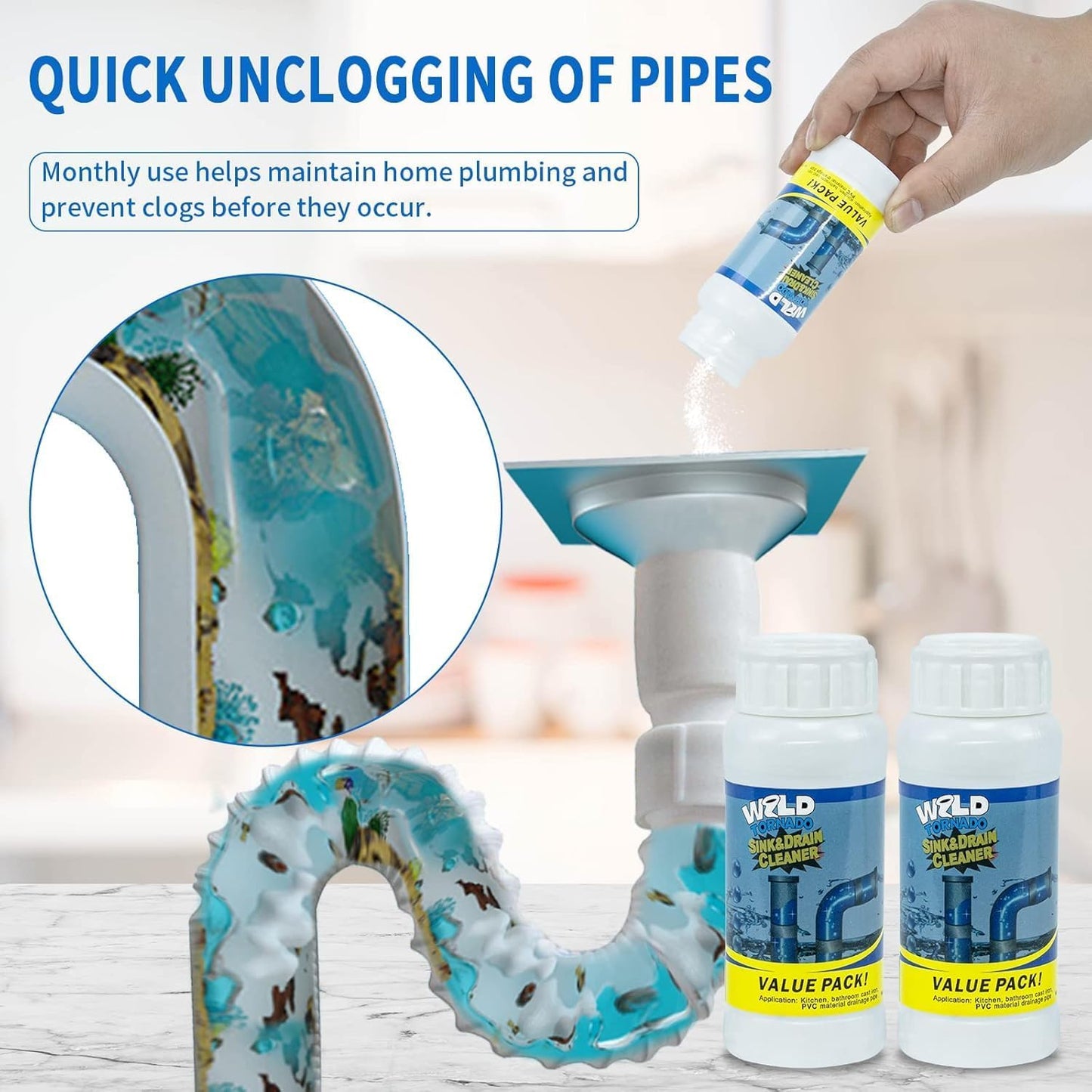 Wild Tornado Pipe Dredge,Powerful Sink Cleaner Powder Fast Foaming for Kitchen Toilet Pipeline Quick Cleaning Tool（2pcs）