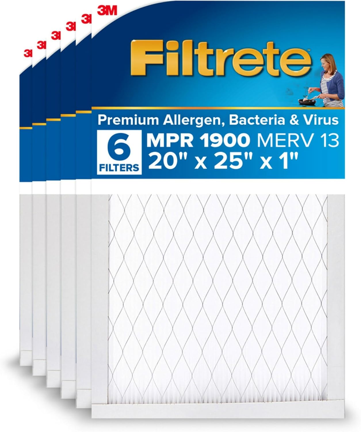 Filtrete 20x25x1 AC Furnace Air Filter, MERV 13, MPR 1900, Premium Allergen, Bacteria & Virus Filter, 3-Month Pleated 1-Inch Electrostatic Air Cleaning Filter, 6-Pack (Actual Size 19.69x24.69x0.78 in)