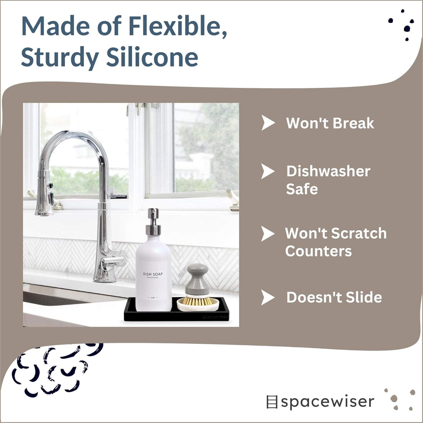 Countertop and Vanity Tray – Small 7.7” Silicone Tray, Soap Dispenser Trays, Bathroom Trays, Kitchen Soap Holder Sink Organizer Counter Caddy for Soaps Bottle Keys, Sponge Holder Dish Black