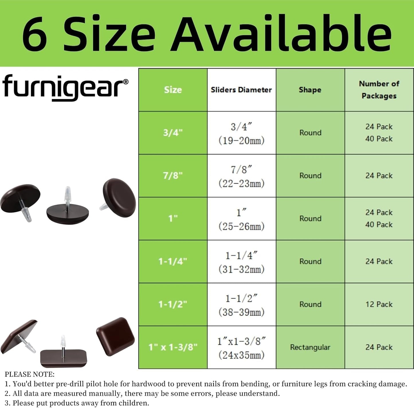 Furniture Glides Sliders-Furnigear PTFE (Teflon) Chair Leg Movers Sliders for Carpet Surface - Move Your Furniture Easy & Safely - Best Floor Protector (7/8" Nail, Brown-24 Pack, not for Wood Floors)