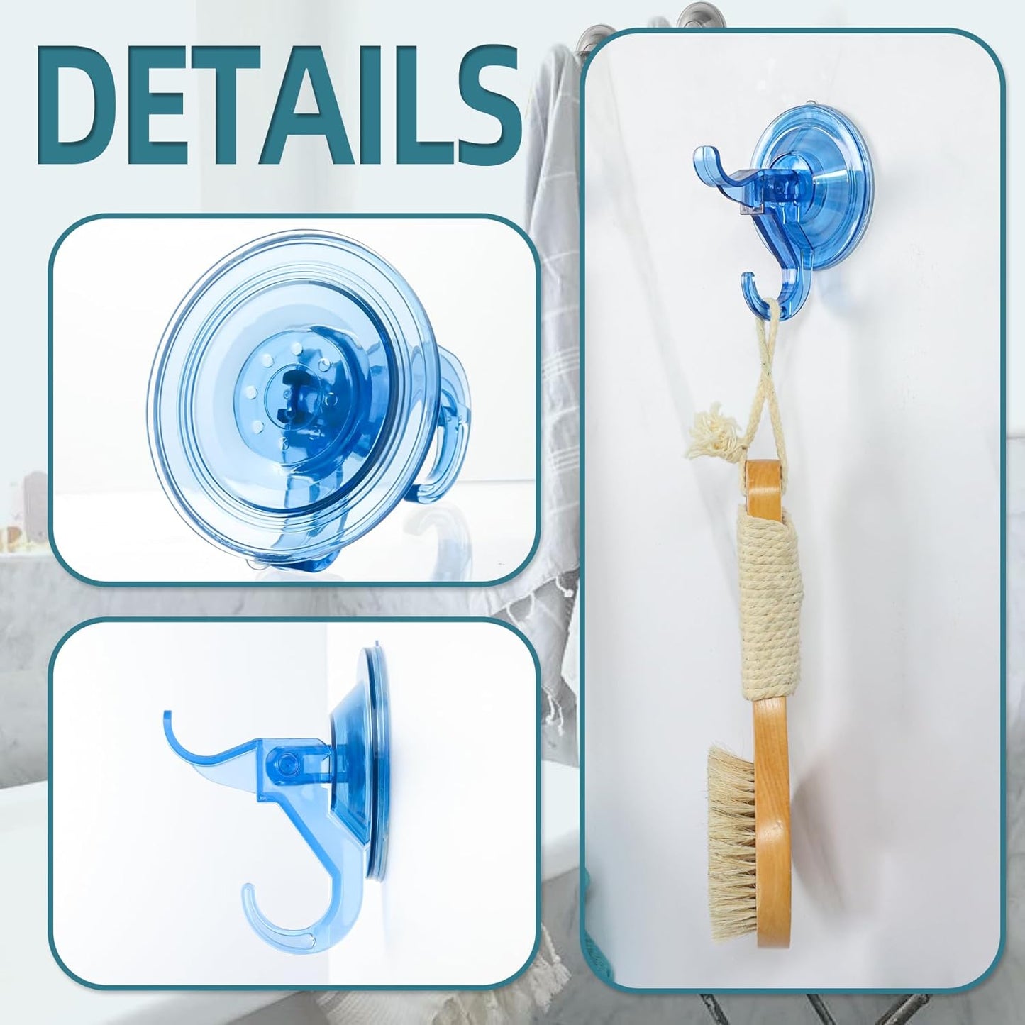 Antimbee Suction Hooks, 10 Pack Reusable Hangers, Removable Small Suction Cups for Shower, Bathroom, Glass, Door, Windows, Kitchen - Up to 11 lbs on Smooth Surface (Transparent Blue)