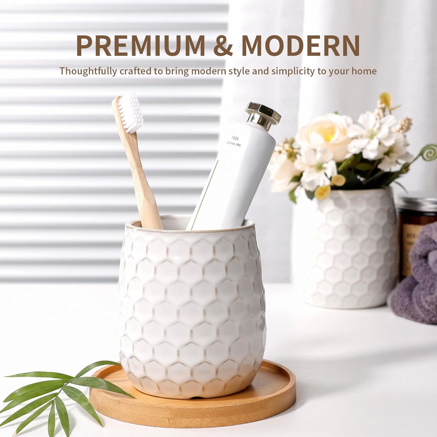 Toothbrush Holder, Tooth Brush Holder for Bathroom - Ceramic Toothbrush Cup White Toothbrush Holders Countertop, Makeup Brush Holder Pen Holder, 3.62" x 3.62" x 3.93", ANTIS'S HOME