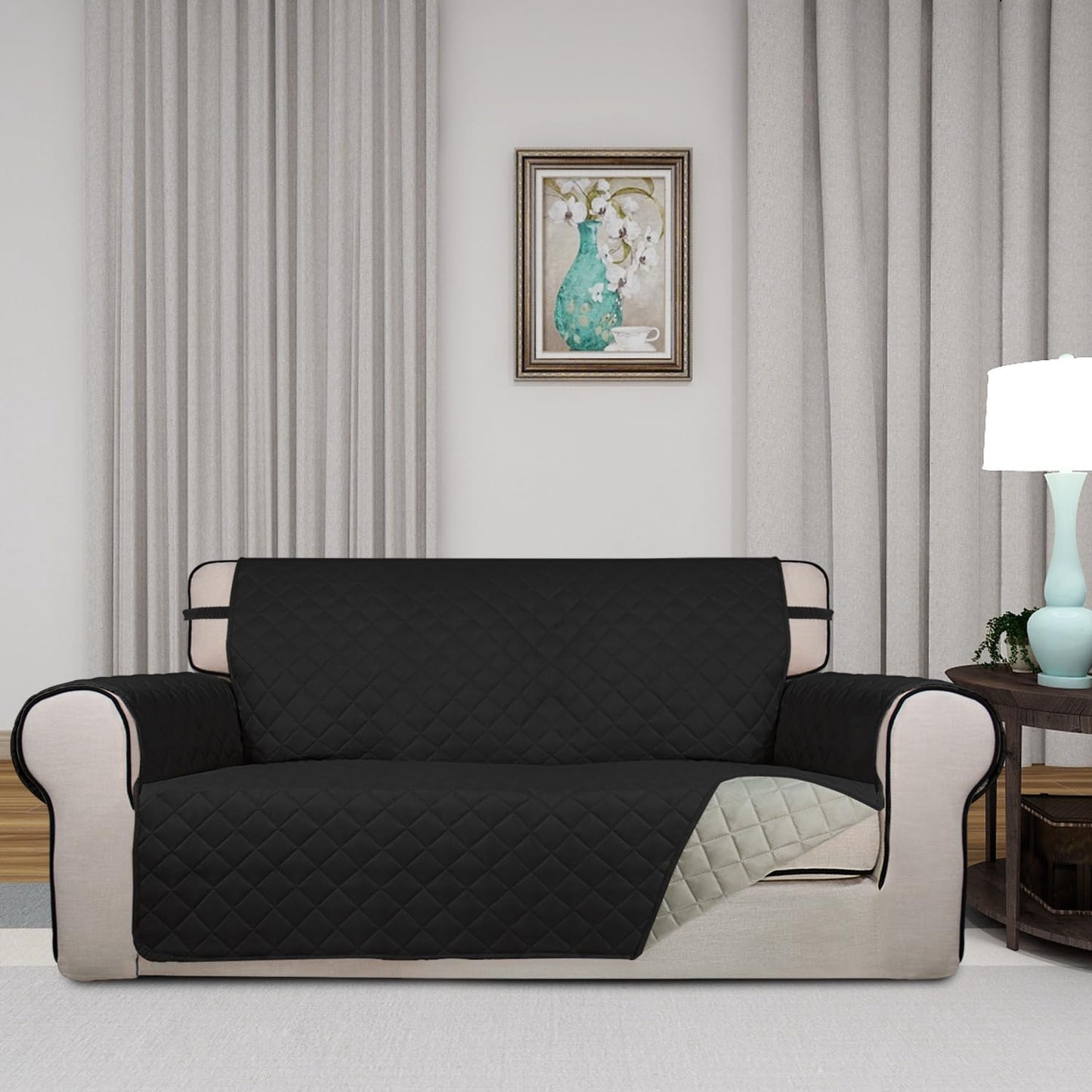 PureFit Reversible Quilted Sofa Cover, Water Resistant Slipcover Furniture Protector, Washable Couch Cover with Non Slip and Elastic Straps for Kids, Dogs, Pets (Oversized Loveseat, Black/Beige)