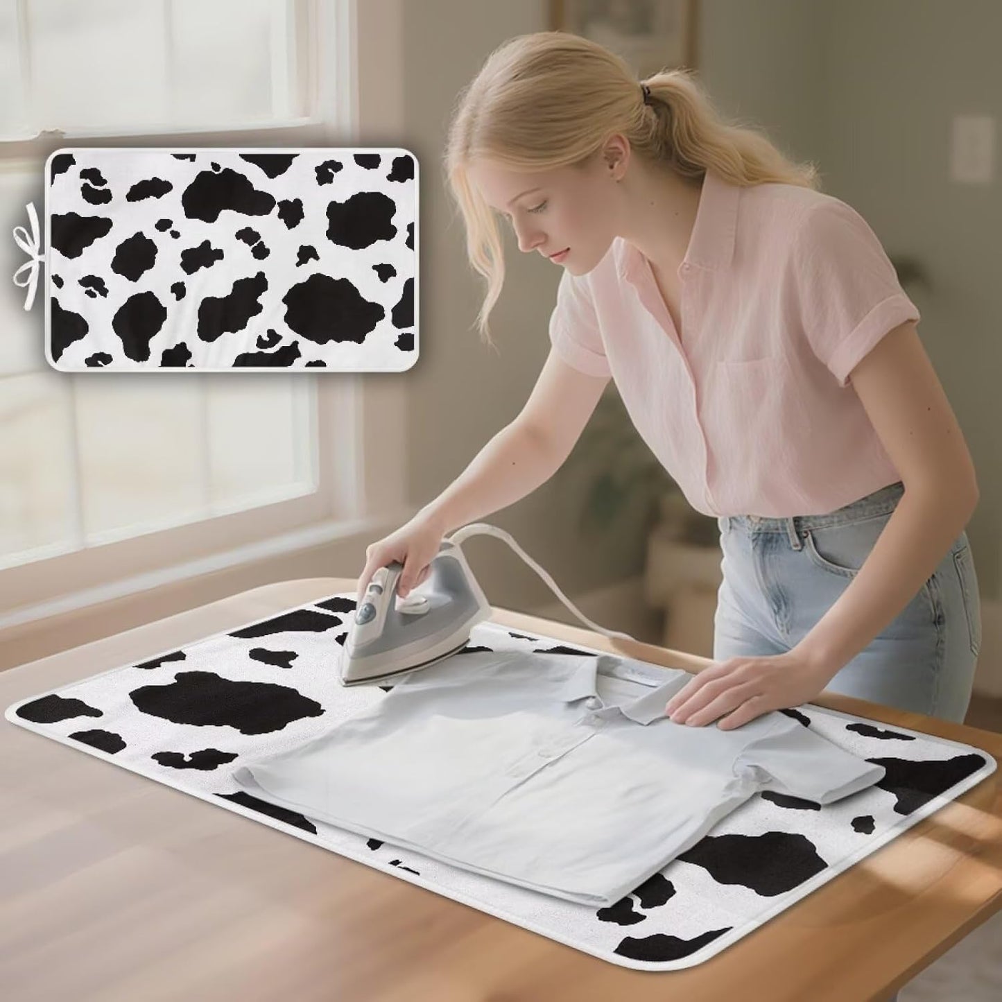 Cow Print Ironing Mat Portable Ironing Pad,Black and White 32 x 16 Inch Large Ironing Mat for Table Top of Washer, Dryer, Table Top, Countertop, Heat Resistant Iron Board Pads