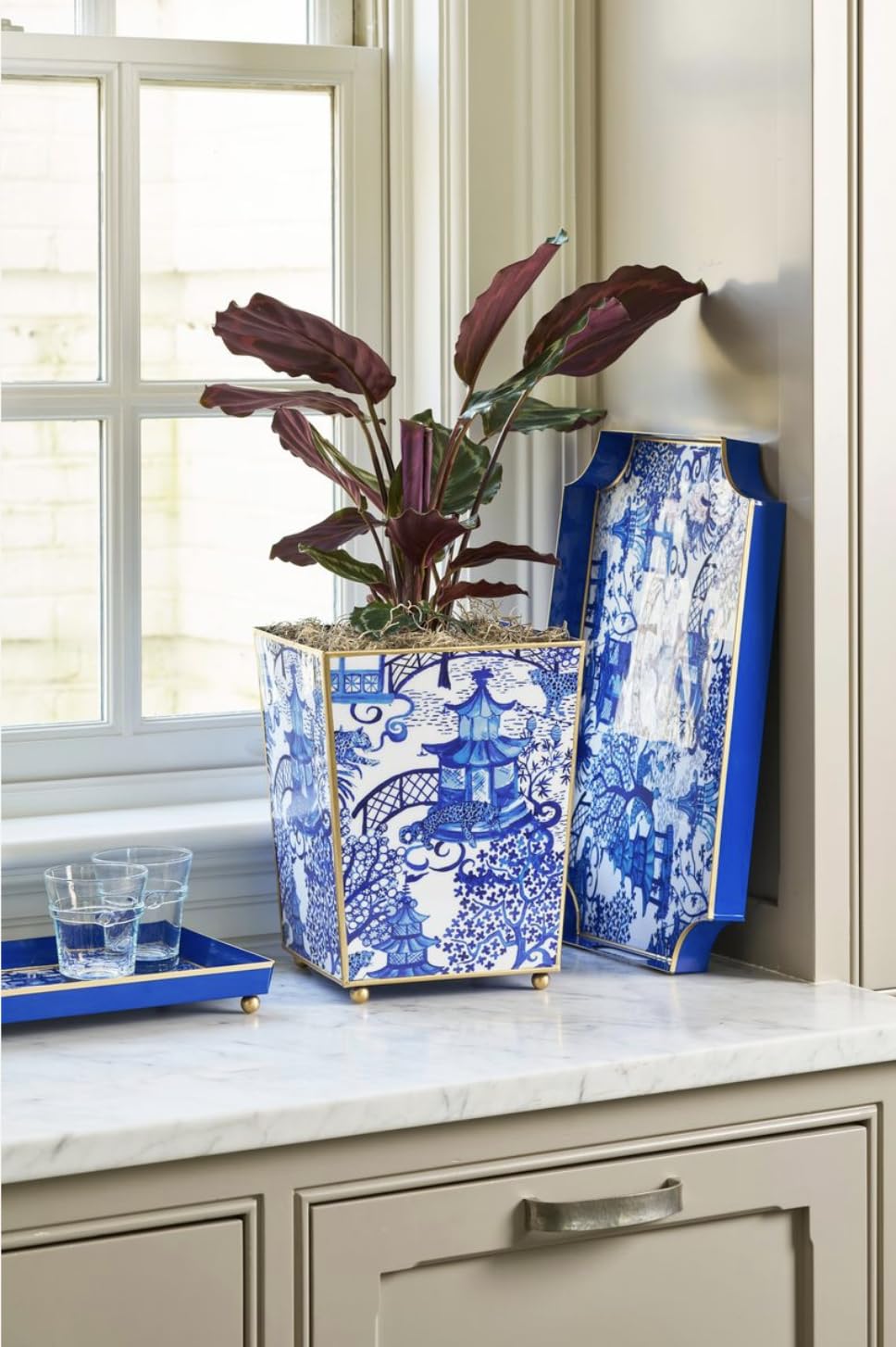 Jaye’s Studio Garden Party Decorative Gold Waste Basket for Bathroom Trash Can no Lid, Bedroom Garbage Can Square Office Trash Bin, Vanity Enamel White & Blue Bathroom Trash Can Gold Feet, 9 inch Wide