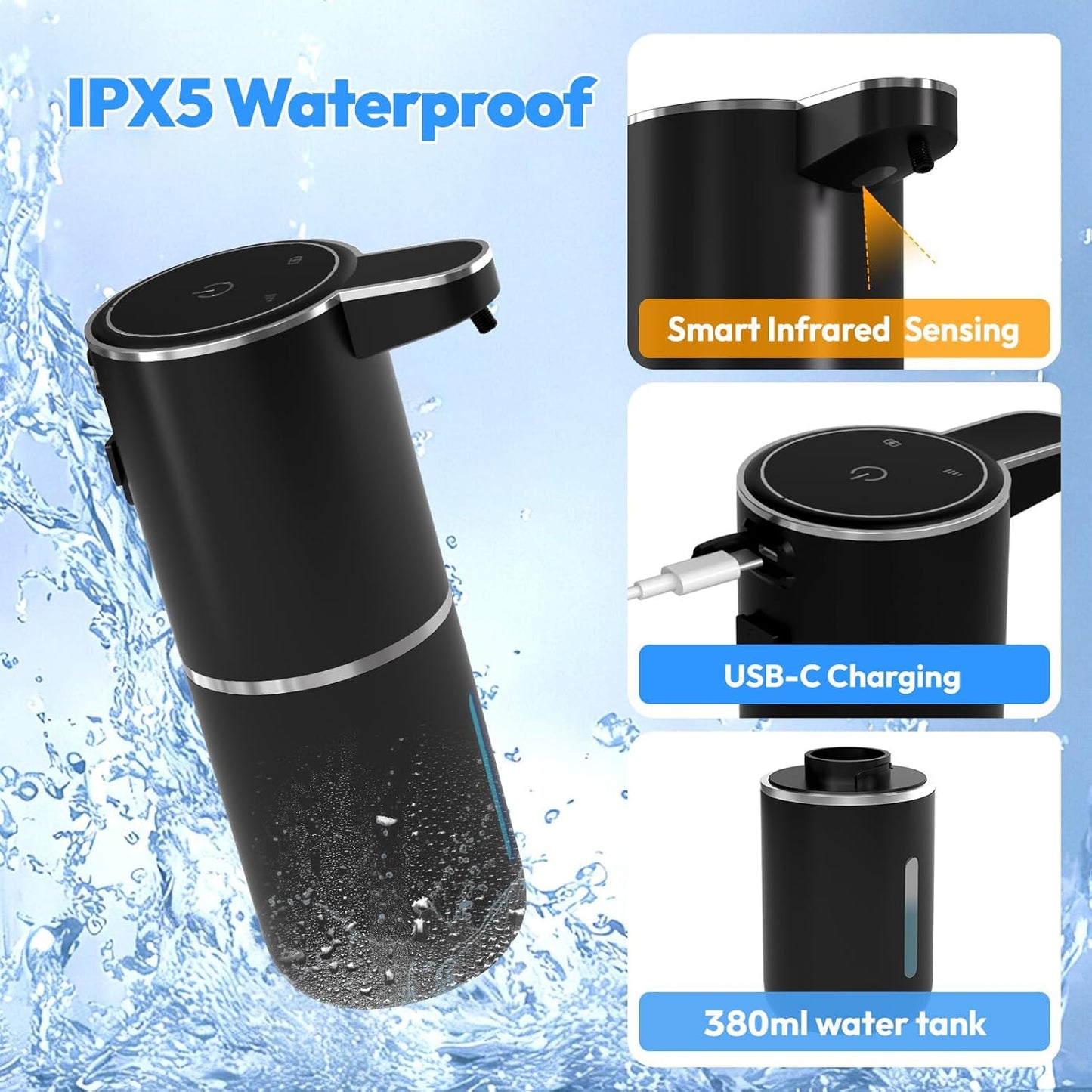 Automatic Foaming Soap Dispenser,Touchless Foam Soap Dispenser,12.8oz Rechargeabled Wall Mounted Smart for Bathroom and Kitchen Dish Soap,Easy for Toddlers(Black)