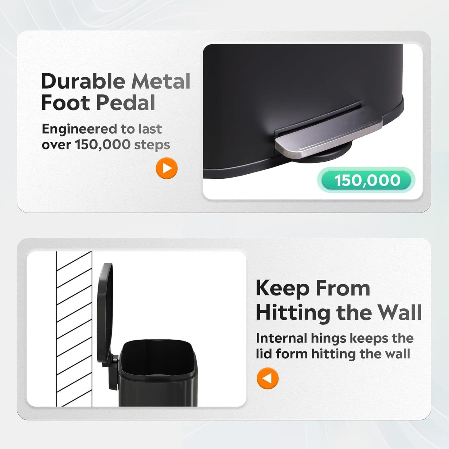 WLIVE 13 Gallon Stainless Steel Trash Can with Inner Bucket, Kitchen Garbage Can with Lid, 50L Soft Close Step Trash Can with Metal Foot for Home, Kitchen, Laundry Room, Office, Black