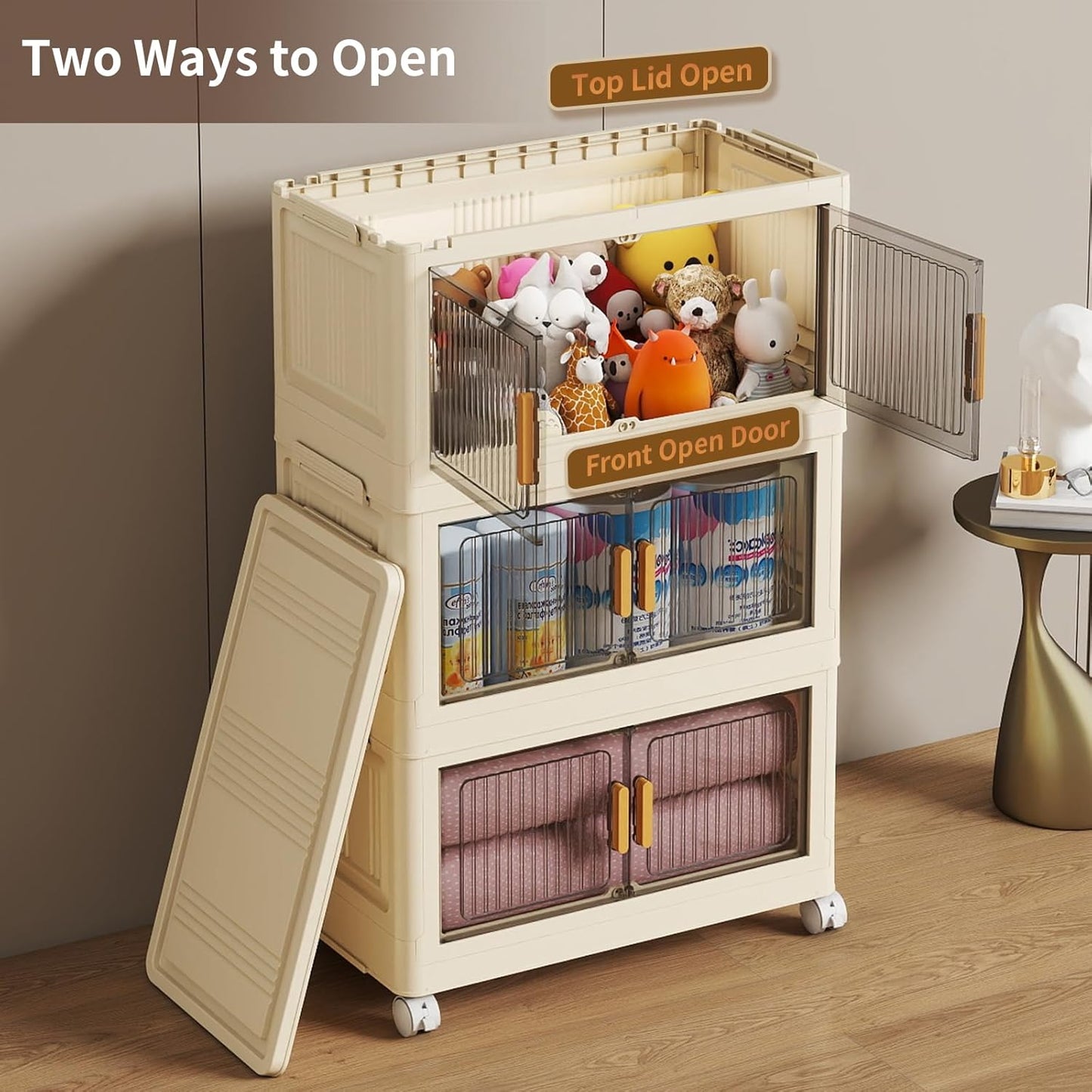 3 Tier Stackable Plastic Storage Bins with Lids 48QT, Collapsible Closet Organizers and Storage with Wheels for Living Room,Office,Dorm