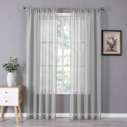 Tollpiz Sheer Curtains Bedroom Linen Textured Curtain Sheers Light Filtering Voile Rod Pocket Curtains for Living Room, 38 x 84 inches Long, Silver Grey, Set of 2 Panels