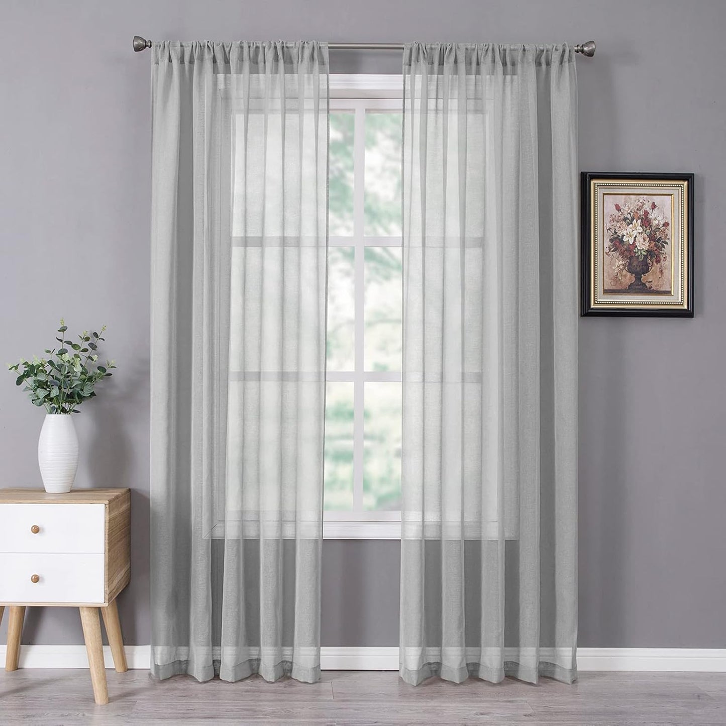 Tollpiz Sheer Curtain Linen Textured Living Room Curtains Sheer Light Filtering Rod Pocket Voile Curtain for Bedroom, 54 x 72 inches Long, Silver Grey, Set of 2 Panels