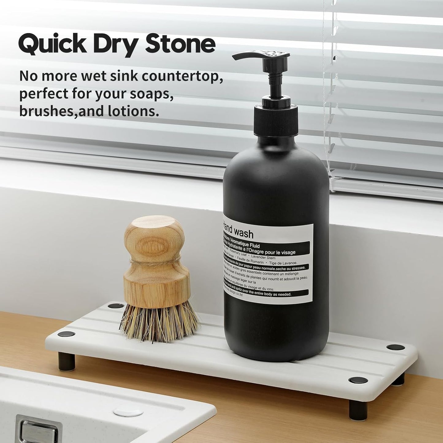 Instant Dry Sink Caddy Kitchen Sink Organizer, Quick Drying Diatomaceous Earth Stone Sink Tray Sponge Holder Soap Dish, Bathroom Countertop Vanity Dispenser Toothbrush Bottle, White, 10" x 4"