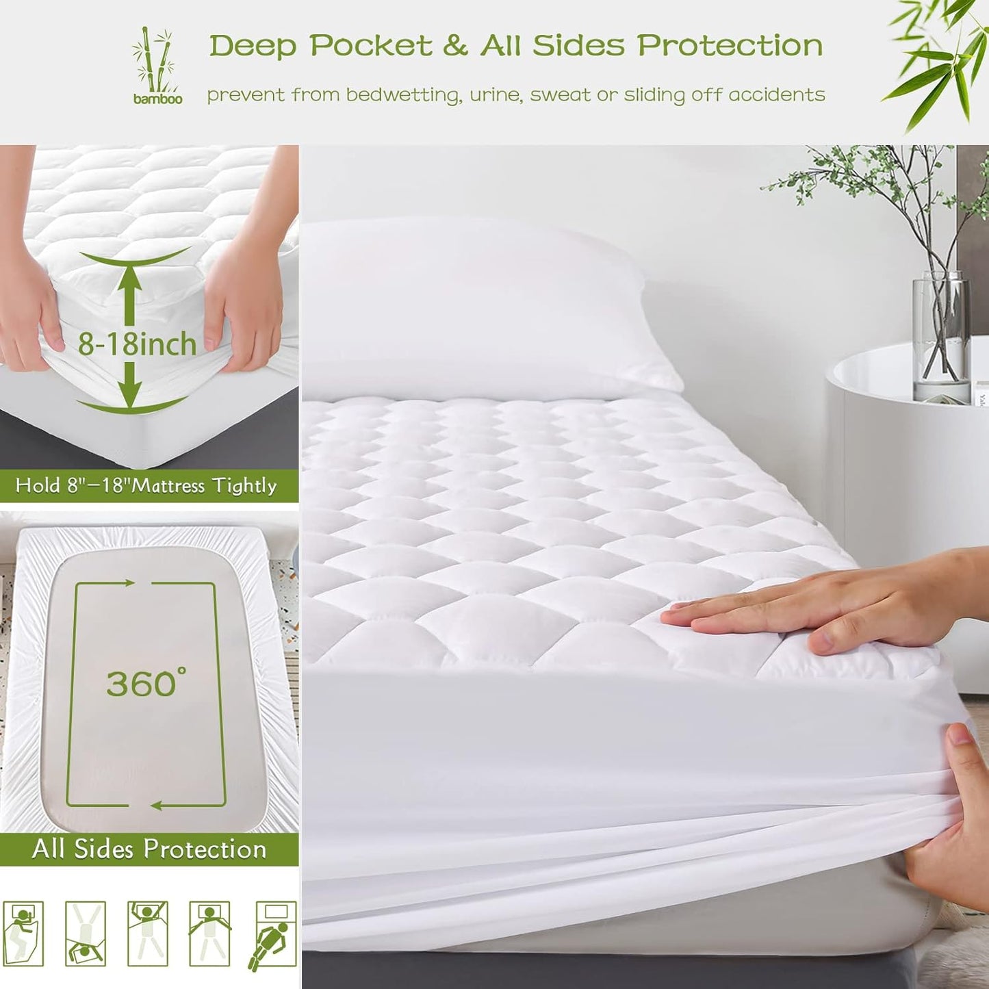 GRT Twin XL Mattress Protector Waterproof, Rayon from Bamboo, Cooling Quilted Fitted Mattress Pad, Noiseless Waterproof Mattress Cover, fits up to 18" Deep, Dust Proof White